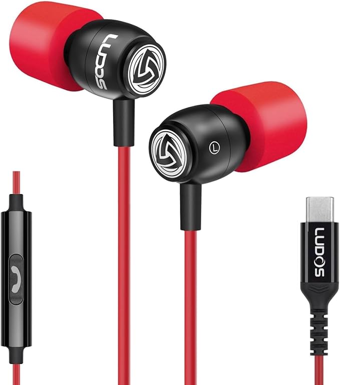 LUDOS Clamor USB C Headphones for iPhone 16 15 Pro Max Plus iPad Pro, 5 Years Warranty, USB-C Earbuds for Samsung Galaxy S24 S23 Ultra S22 S21 FE S20 A55 A54 A53, USB Type C Earphones - Red-StrideForce Fitness