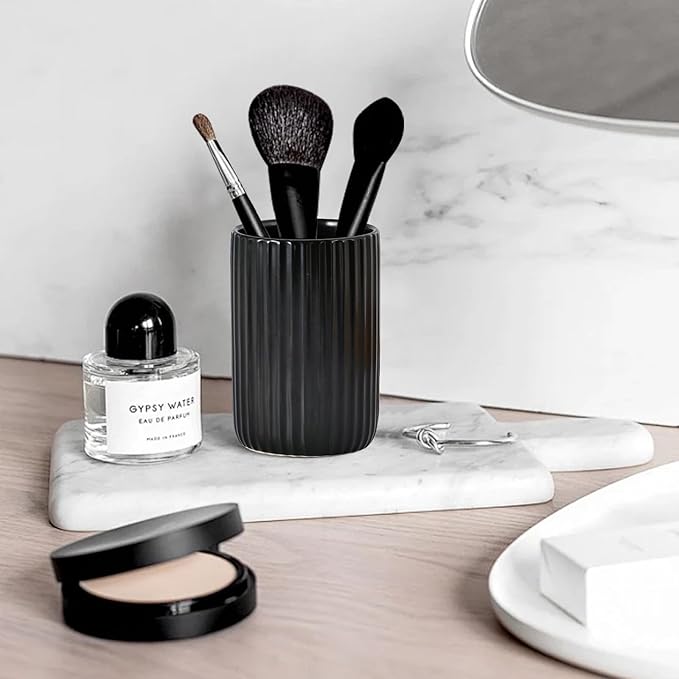 Black Toothbrush Holder, Ceramic Tooth Brush Holder Set, Ribbed Bathroom Cups Tumbler, Reusable Toothbrush Mouthwash Cup, Toothpaste Holder Toothbrush Organizer for Bathroom Counter