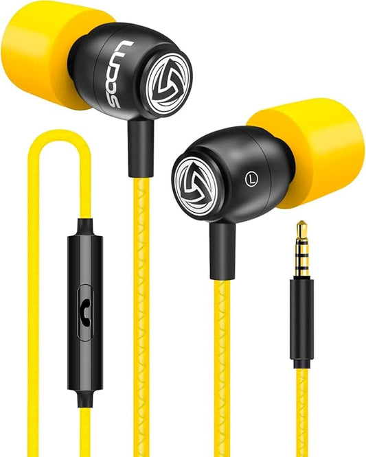 LUDOS Clamor Wired Earbuds in-Ear Headphones, 5 Years Warranty, Earphones with Microphone, Noise Isolating Ear Buds, Memory Foam for iPhone, Samsung, School Students, Kids, Women, Small Ears - Yellow-StrideForce Fitness