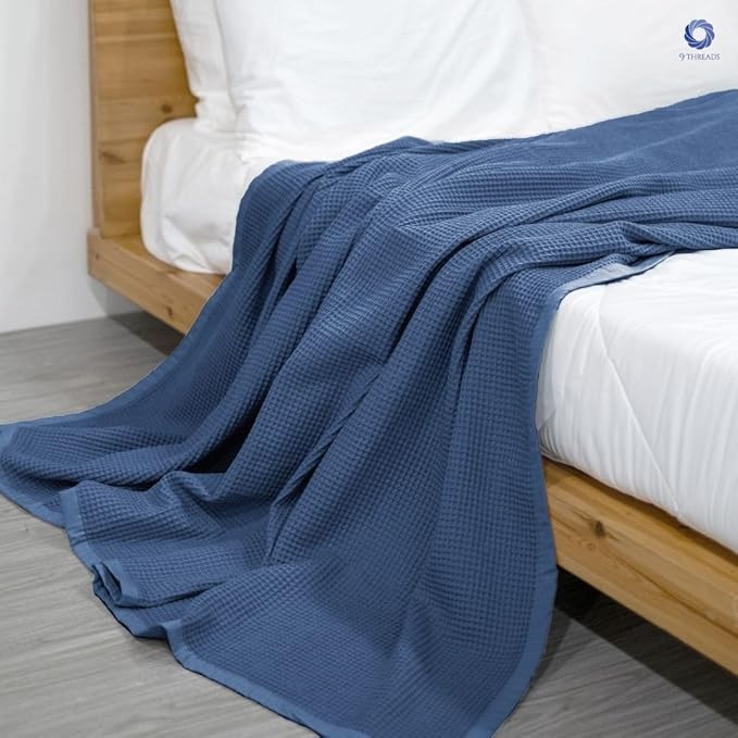 GOTS Certified Organic Cotton Waffle Weave Blanket, King Bed Size,108"X90" Cozy Throw Blanket for Couch, Modern Home Decor, Throw Blankets,Comfy Waffle Blanket Soft Bed Blankets-Navy Blue-StrideForce Fitness