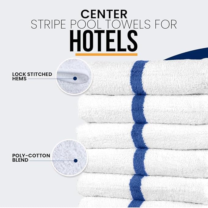 Blue Center Stripe 120 Bulk Towels (22x44) – Economical Soft & Absorbent Bulk Pool Towels for Hotels - Lightweight & Quick Drying White Bath Towels Bulk for Gym & Salon - Durable & Fade Resistant-StrideForce Fitness