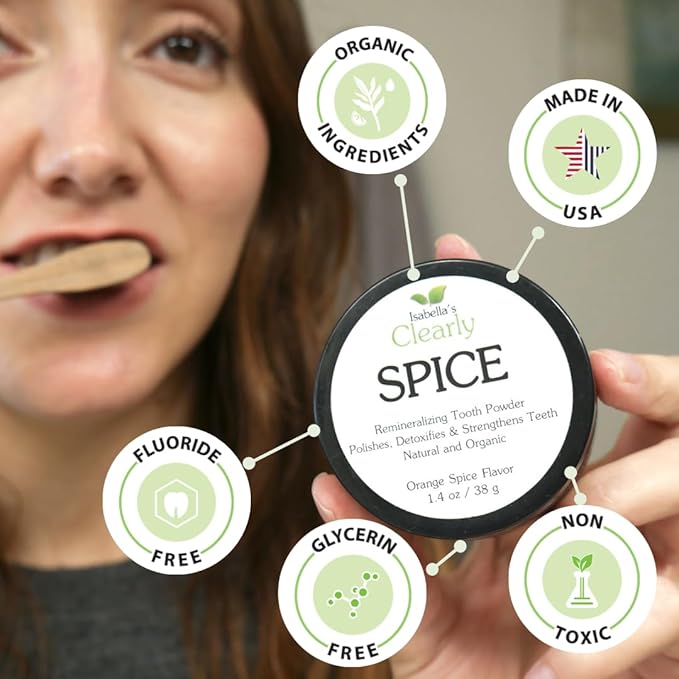 Isabella’s Clearly Spice Remineralizing Tooth Powder | Teeth Whitening Natural Toothpaste Fluoride Free for Adults, Kids, Sensitive Teeth & Gums | Xylitol, Baking Soda, Clay, Calcium, Cinnamon, Clove