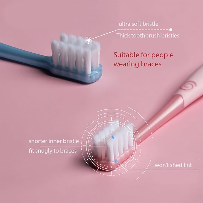 V-Shaped Orthodontic Toothbrush Dental Brush for Braces, for Kids/Teens/Adult, for Sensitive Teeth, for Delicate Gums, Soft Bristles, Toothbrush for Braces, with Tongue Cleaner, Pink, 3pcs