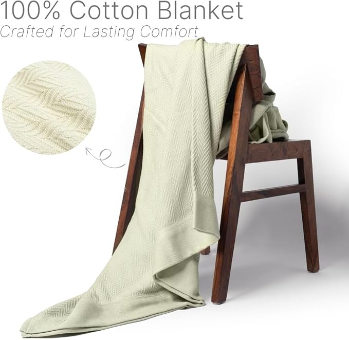 100% Cotton Herringbone Weave Blankets, 90" X 90" Queen, Throw Blanket for Bed, All Season Cotton Blanket, Cozy Blanket,Throws & Bed Blanket, Throw Blanket for Couch, Modern Home Decor -Sage-StrideForce Fitness