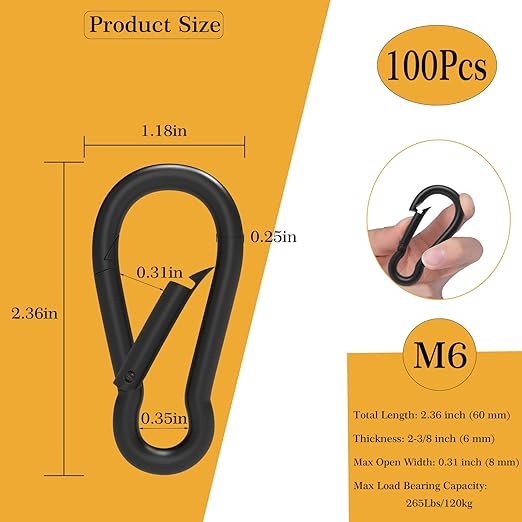 100Pcs 2.4" Carabiner Clip Spring Snap Hook, M6 2-3/8 Inch Heavy Duty Black Small Carabiner, Quick Link Keychain Clip for Keys Swing Set Camping Gym Hiking Traveling(260 lbs Capacity)-StrideForce Fitness
