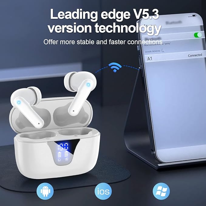 ZIUTY Wireless Earbuds Bluetooth Headphones, 50H Playtime Ear Buds with Mic, LED Digital Display Charging Case, IPX7 Waterproof, Deep Bass Stereo, in-Ear Earphone for iPhone Andriod Phone-StrideForce Fitness