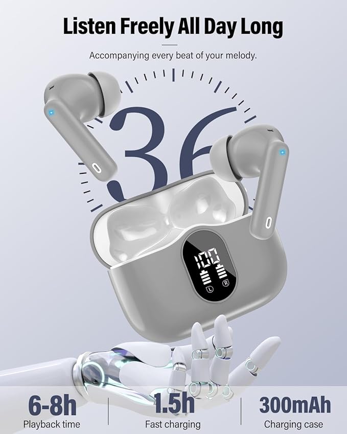 Wireless Earbuds, Bluetooth 5.4 Headphones Bass Stereo, Ear Buds with Noise Cancelling Mic, IP7 Waterproof in Ear Earphones, 36H LED Display Bluetooth Earbuds for Laptop Pad Phones Sports, Grey-StrideForce Fitness