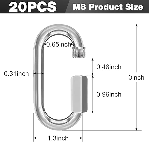 M8-20 Pack 3“ Quick Links Chain Connectors, 5/16″ Galvanized Chain Locking Carabiners Hooks, 1200LBS Heavy Duty Thread Quick Link Clips, Twist Oval Keychain D Shape for Swing, Camping-StrideForce Fitness