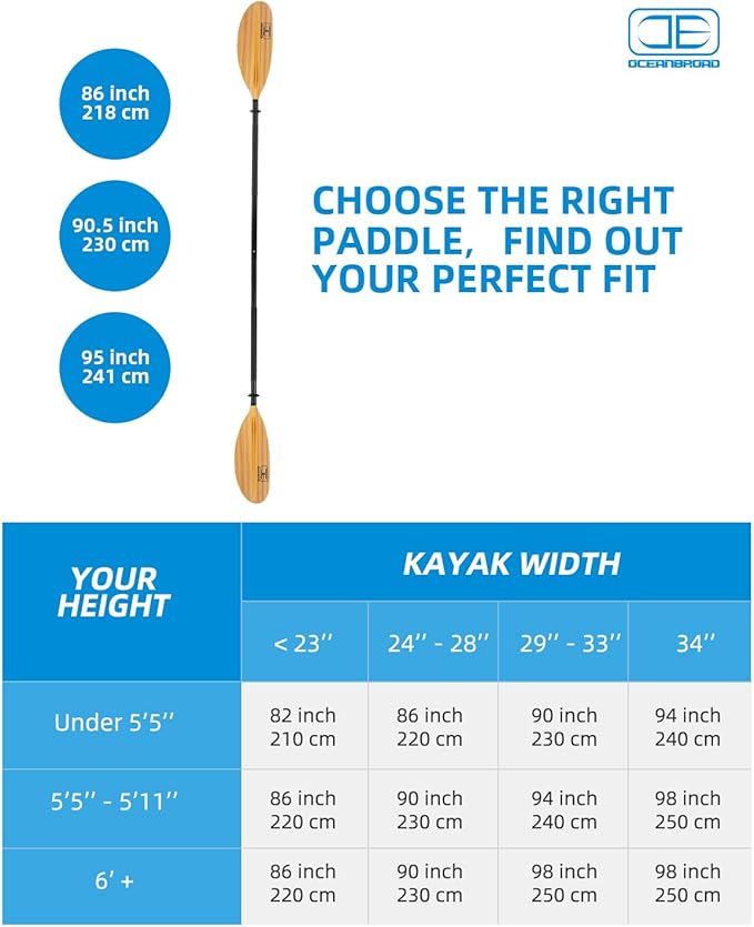 OCEANBROAD Kayak Paddle 86in/218cm, 90.5in/230cm, 95in/241cm Alloy Shaft Kayaking Boating Canoeing Oar with Paddle Leash-StrideForce Fitness