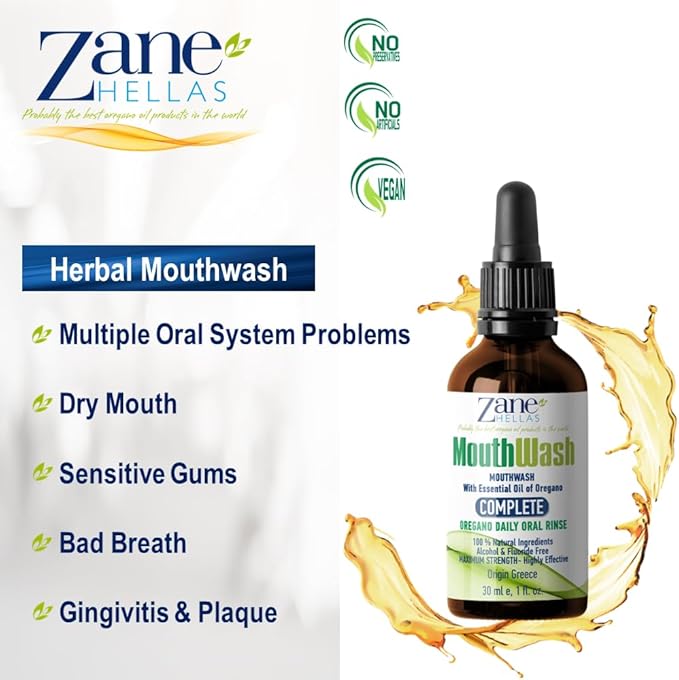 Zane Hellas MouthWash. Oral Rinse with Oregano Oil Power. Ideal for Gingivitis, Plaque, Dry Mouth, and Bad Breath. Alcohol and Fluoride Free. 100% Herbal Solution. 1 fl.oz.-30ml.