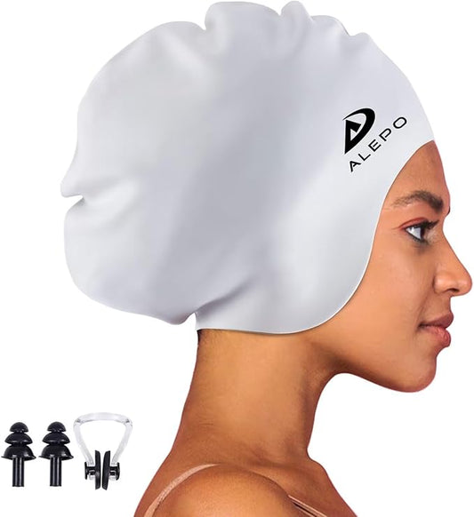 Alepo Extra Large Swim Cap for Women Men, Durable Silicone Swimming Hat with Ear Protection, Unisex Adults Bath Swimming Caps for Long Thick Curly Hair & Dreadlocks Braids Weaves Afro Hair-StrideForce Fitness