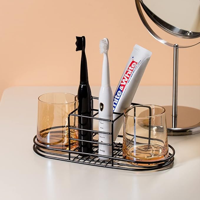 Toothbrush Holder with Cup Holder Electric Toothbrush Toothpaste Holder, Stainless Steel Bathroom Stand or Wall-Mounted Black