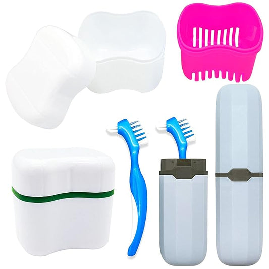 Denture Case Kit with 2 Bath Cups, 2 Brushes & 2 Portable Toothbrush Boxes, Retainer Cleaning Boxes with Lid