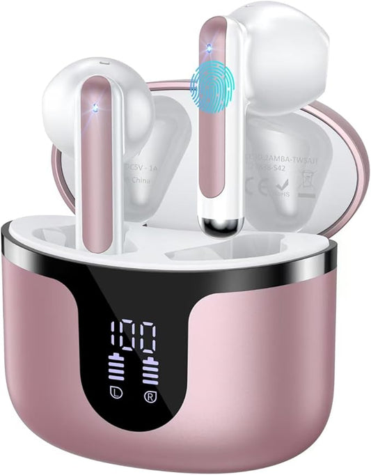 Wireless Earbuds, 2025 Bluetooth 5.3 Headphones HiFi Stereo 50H Playback Ear Buds with Led Digital Display, ENC Noise Cancelling Earbuds for Laptop Computer, iOS, Android, Rose Gold-StrideForce Fitness
