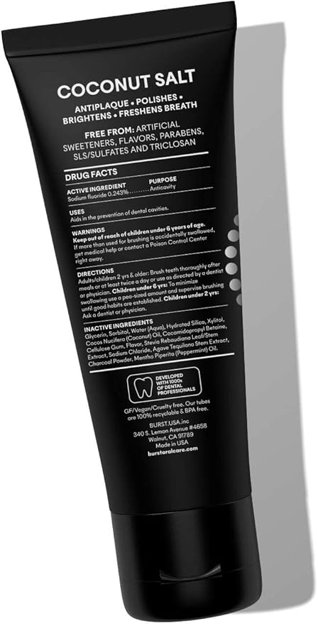 BURST Charcoal Whitening Toothpaste for Adults (4.7oz) | for Sensitive Teeth with Cavity Fighting Fluoride & Xylitol |Vegan | Gluten & SLS Free | Coconut Salt