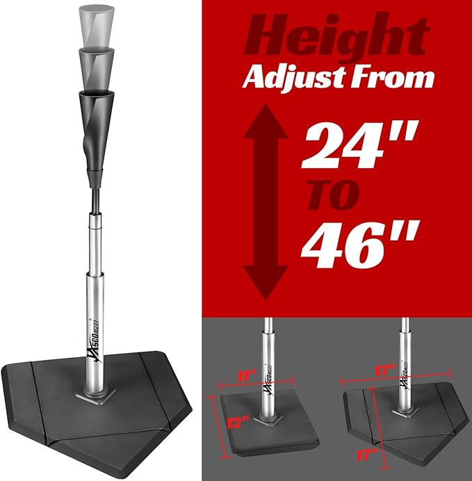 Batting Tee For Baseball And Softball With Traditional Home Plate Base,Alumium Stem,Handroll Rubber Top,Height Adjustable 24 to 46 inche For kids and Adults,Portable Baseball Tee Softball Tee-StrideForce Fitness