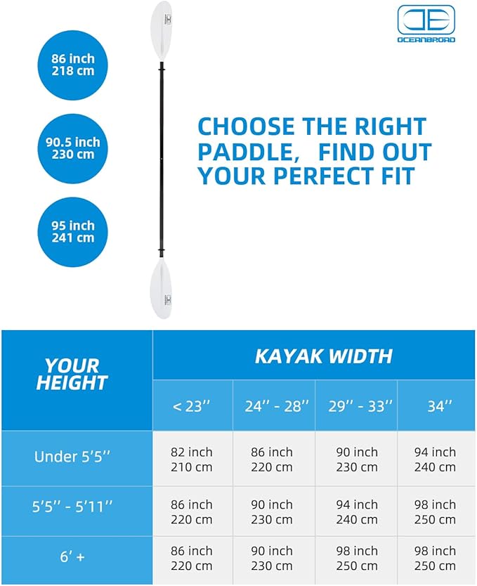 OCEANBROAD Kayak Paddle 86in/218cm, 90.5in/230cm, 95in/241cm Alloy Shaft Kayaking Boating Canoeing Oar with Paddle Leash-StrideForce Fitness