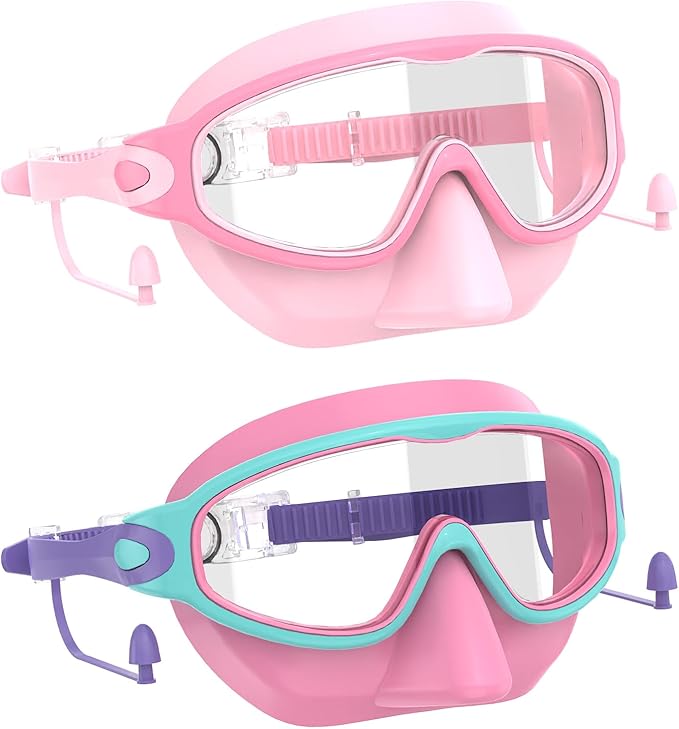 Swim Goggles for Kids 3-15 with Earplugs Large Frame Anti-Fog/UV Swimming Goggles for Boys Girls Toddler 2PCS-StrideForce Fitness