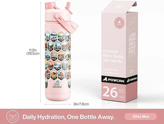 26 oz National Parks Water Bottle with Waterproof Stickers: 2-in-1 Straw Spout Lid, Keep Cold 24H, Leakproof, Car CupHolder Friendly, Insulated Stainless Steel Cup for Travel, Sports, School (Pink)-StrideForce Fitness
