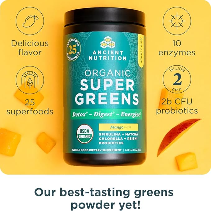 Ancient Nutrition SuperGreens Powder with Probiotics, Organic Mango Flavor Greens, Made from Real Fruits, Vegetables and Herbs, Digestive and Energy Support, 25 Servings, 6.8oz-StrideForce Fitness