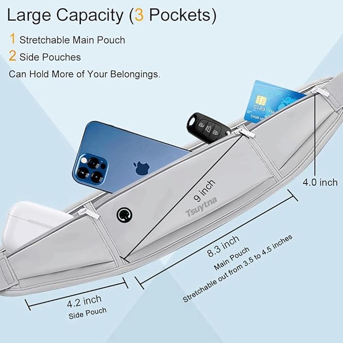 Running Belt for Women & Men - Slim Phone running belt with Water-Resistant Phone Holder, 3 pockets Adjustable Waist Strap, Reflective Safety Design for Running, Hiking, Travel，Fitness (Grey)-StrideForce Fitness