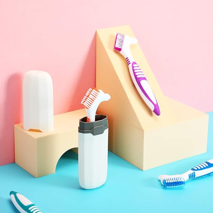 WILLBOND 6 Pieces Denture Brushes Retainer Brush Cleaning Hard Denture Toothbrush with White Carrying Case for False Teeth Cleaning(Green, Purple, Blue and Orange)