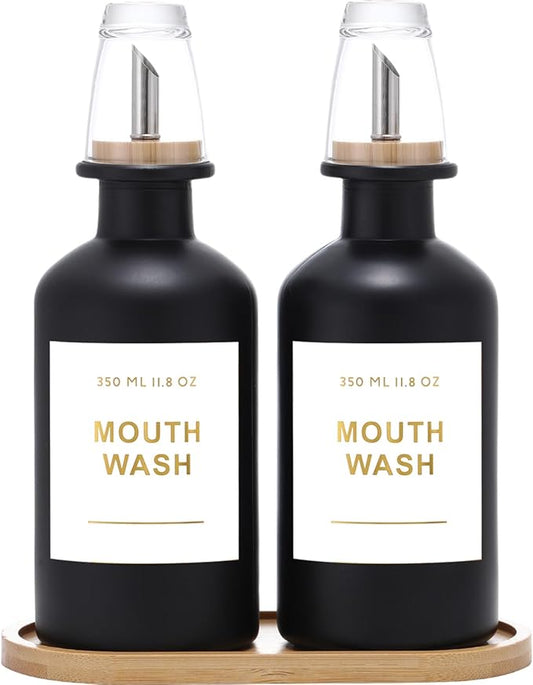 11.8OZ Glass Mouthwash Dispenser for Bathroom with Stainless Steel & Bamboo Nozzle, Mouthwash Cup Reusable, Bamboo Tray, and Elegant Gold Sticker.Set of 2（Black
