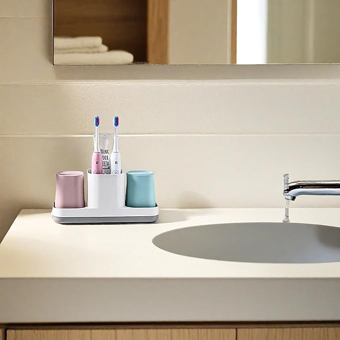 Toothbrush Holder for BathroomToothbrush Cup, Kids Toothbrush Holder with Bathroom Cup, Electric Toothbrush Toothpaste Holder and Bathroom Accessories Storage, Pink & Blue