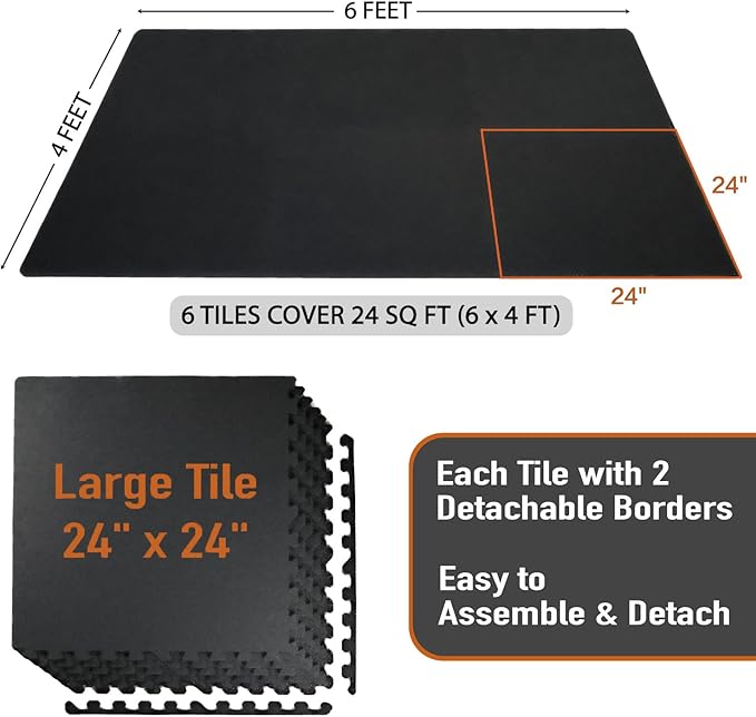AIRHOP 0.56in Thick 24 Sq Ft Exercise Equipment Mats, 6 Tiles Upgraded Rubber Top with High Density EVA Foam, Large Interlocking Puzzle Gym Flooring for Home Gym, Heavy Weight Workout,Black-StrideForce Fitness