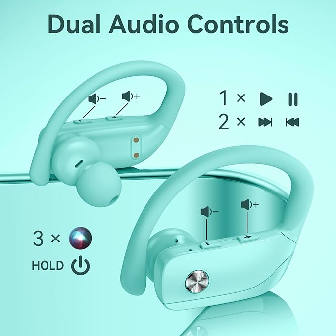 bmani Ear Buds Wireless Earbuds Bluetooth Headphones with 80H Playtime LED Display Case, Over-Ear Hook with Mic, Stereo Sound, Easy Button Controls, Sports Earphones for Running Workout Gym Mint Green-StrideForce Fitness