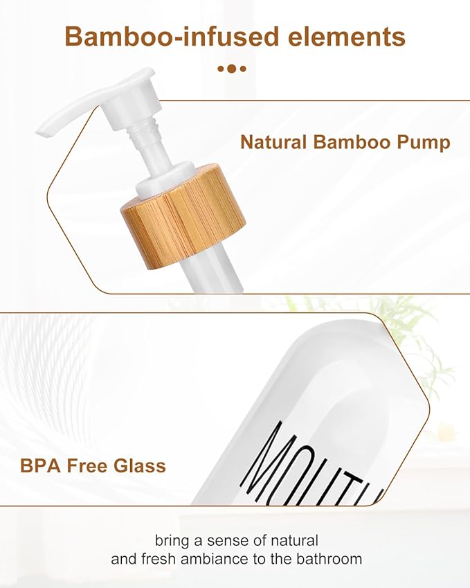 Pump Mouthwash Dispenser, Glass Mouthwash Container for Bathroom Countertop, Mouth Wash Bottle Decanter, White, Printed Font