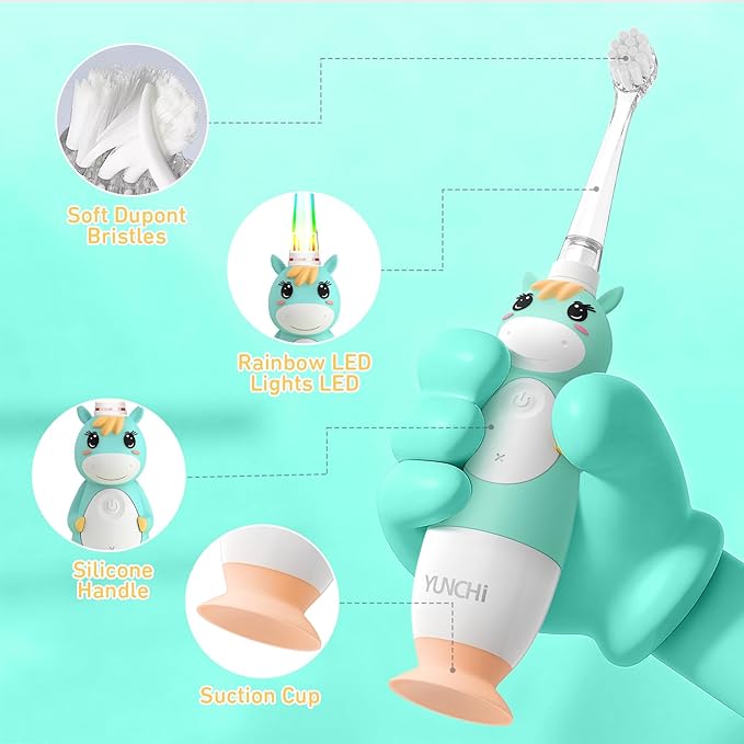 YUNCHI Toddler Electric Toothbrush Kids 0-3-6 Years, Baby Electric Toothbrush with Colorful LED Light, Battery Powered Toddler Toothbrush with 2 Minutes Timer 4 Brush Heads, Infant Toothbrush (Green)