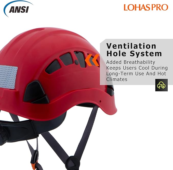 LOHASPRO Hard Hats Construction Safety Helmet ANSI Z89.1 Approved OSHA Hardhat, Vented Men Worker Red Hard Hat with Chin Strap Tree Climbing Rescue Arborist Helmet (P6 Red)-StrideForce Fitness