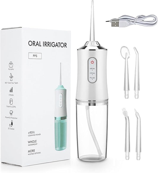 Water Dental Flosser Teeth Pick, Cordless Portable Oral Irrigator for Teeth, Dentures, and Braces 4 Modes & Jet Tips, IPX7 Waterproof (White)