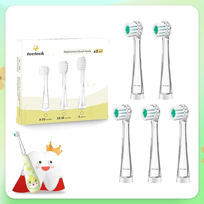 Teeteck 5 Pack Kids Toothbrush Replacement Heads Compatible with SEAGO SG513/SG977/SGEK6, DadaTech DT-K6/DT-BB1/DT-977, Brush-Baby WildOnes (Ages 8-18 Months/Green)
