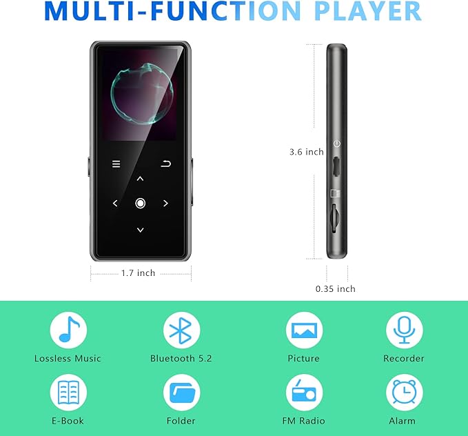 64GB MP3 Player with Bluetooth 5.2, AiMoonsa Music Player with Built-in HD Speaker, FM Radio, Voice Recorder, HiFi Sound, E-Book, Earphones Included-StrideForce Fitness