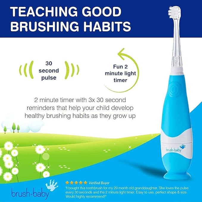 brush-baby - BabySonic Blue Electric Toothbrush, 0-36 Months - Soft, Gentle Vibrating Toothbrush for Sensitive Gums & New Teeth - with LED Light & Suction Base - Baby & Toddler Brush Heads