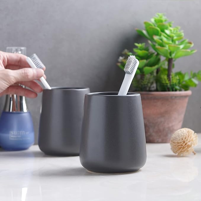 Matte Grey Toothbrush Holders for Bathroom - 2Pcs Ceramic Tooth Brushing Holder Set, Toothpaste Holder, Reusable Toothbrush Mouthwash Cups, Space-Saving Design for Bathroom Countertop
