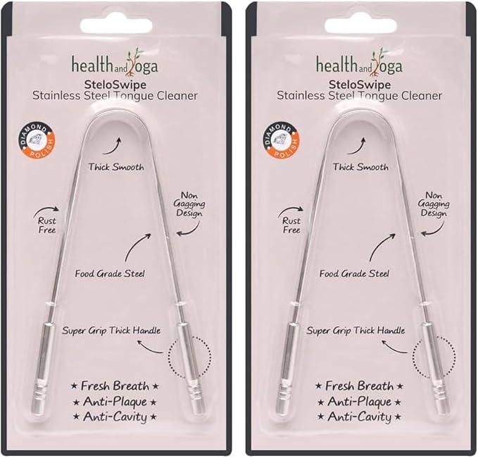 HealthAndYoga™ Tongue Cleaner Scraper with Storage Bag - Hygienic, Surgical Grade, Non-Synthetic Grip – Sterilizable Tongue Brush Cleaner (Surgical Steel - 2 Pack)