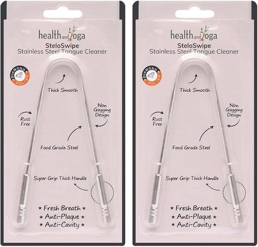 HealthAndYoga™ Tongue Cleaner Scraper with Storage Bag - Hygienic, Surgical Grade, Non-Synthetic Grip – Sterilizable Tongue Brush Cleaner (Surgical Steel - 2 Pack)