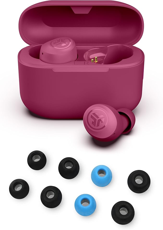 JLab Go Air Pop+ True Wireless Bluetooth Earbuds in Dark Pink Plus Cloud Foam Mnemonic Earbud Tips-StrideForce Fitness