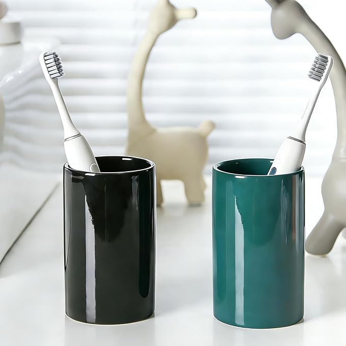 Green Ceramic Toothbrush Holders, Electric Toothbrush Holder for Toothbrushes and Toothpaste,Tumbler Cups Reusable Toothbrush Mouthwash Cup(300ml)