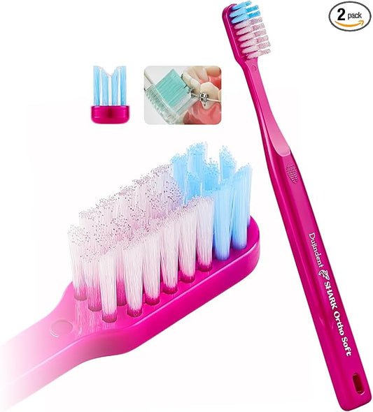 Orthodontic Toothbrush for Braces [2 Packs][Made in Korea] V Trim Cutting American Bristles Braces Toothbrush for Brackets and Wires Cleaning (Shark Ortho Soft, 2 Pack)