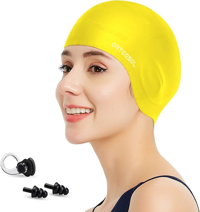 Swimming Cap, Silicone Swim Cap for Women Men, Durable Non-Slip Waterproof Swim Cap Protect Ears, Long Hair for Adults, Older Kids-StrideForce Fitness