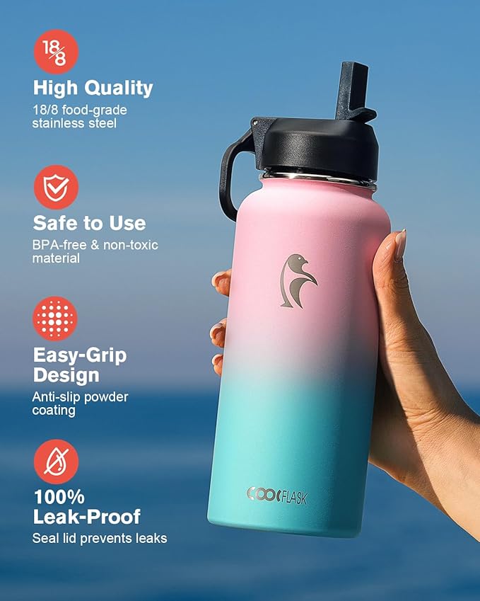 32 oz Insulated Water Bottle with Straw&3 Lids, Coolflask Stainless Steel Metal Flask Wide Mouth for Sports or Office, Non-BPA Keep Cold Up to 48 Hrs or Hot Up to 24 Hrs, Bubblegum Princess-StrideForce Fitness