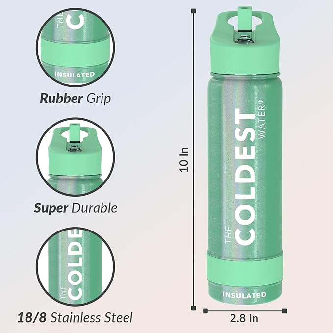 Coldest Insulated Water Bottle with Straw Lid - Stainless Steel Metal Insulated Bottle for Men & Women (Green Aurora Glitter, 24 oz)-StrideForce Fitness