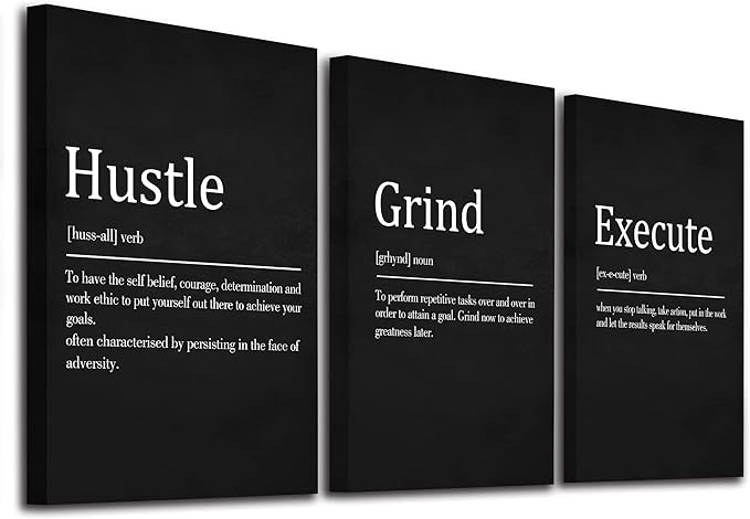 EPHANY Hustle Grind Execute - Wall Hanging Decor, Framed Canvas Office Art, Set of 3 Inspirational Prints-StrideForce Fitness