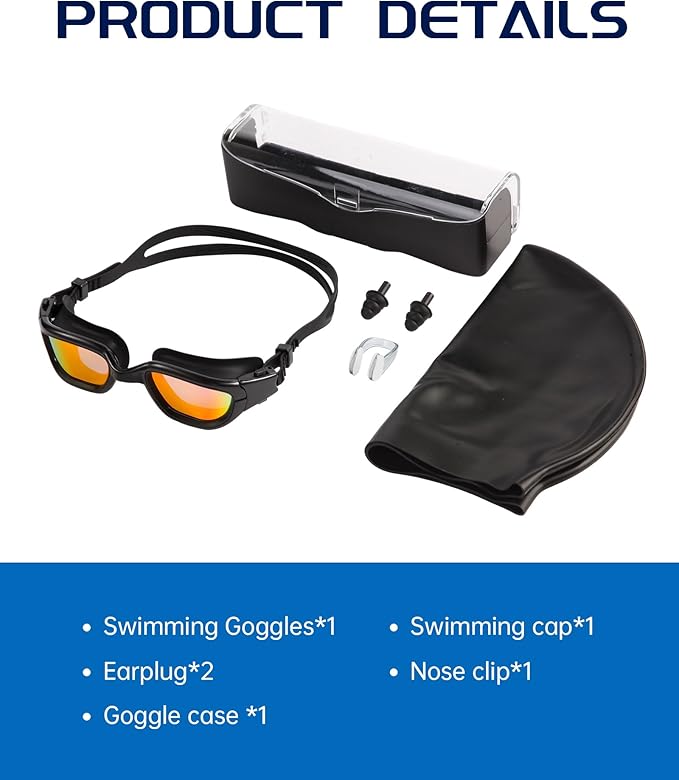 Swim Goggles, Goggles Adult with Swimming Cap, Nose Clip & Ear Plugs, UV Protection Anti-Fog Lens and Case for Adult-StrideForce Fitness