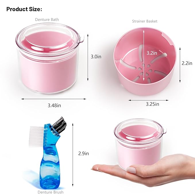 Denture Case, Leak Proof Denture Bath Cup, Full & Partial Denture Clean Holder Box with Strainer, Denture Brush, Denture Soaking Container Cups for Dentures, Retainers, Mouth Guard Storage Case (Pink)