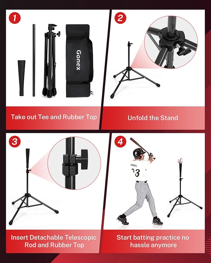 Gonex Baseball Softball Practice Hitting Batting Tripod Stand Rubber Tee Collapsible Portable with Carrying Bag-StrideForce Fitness